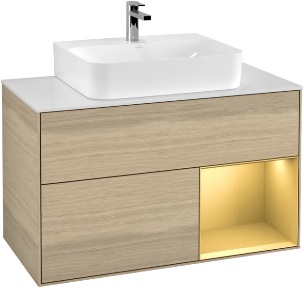 VILLEROY BOCH Toaletní stolek Finion, s osvětlením, 2 výsuvy, 1000 x 603 x 501 mm, dubová dýha / zlatý matný lak / sklo bílé matné #F121HFPC