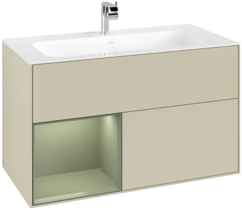 VILLEROY BOCH Toaletní skříňka Finion, s osvětlením, 2 výsuvy, 996 x 591 x 498 mm, hedvábně šedý matný lak / olivově matný lak #F030GMHJ