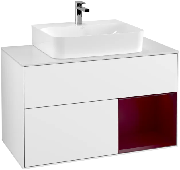 VILLEROY BOCH Toaletní skříňka Finion, s osvětlením, 2 výsuvy, 1000 x 603 x 501 mm, lesklý bílý lak / matný lak Pivoňka / matné bílé sklo #F121HBGF