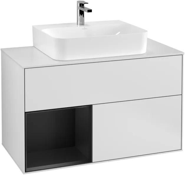 VILLEROY BOCH Toaletní skříňka Finion, s osvětlením, 2 výsuvy, 1000 x 603 x 501 mm, bílý matný lak / černý matný lak / bílé matné sklo #F111PDMT