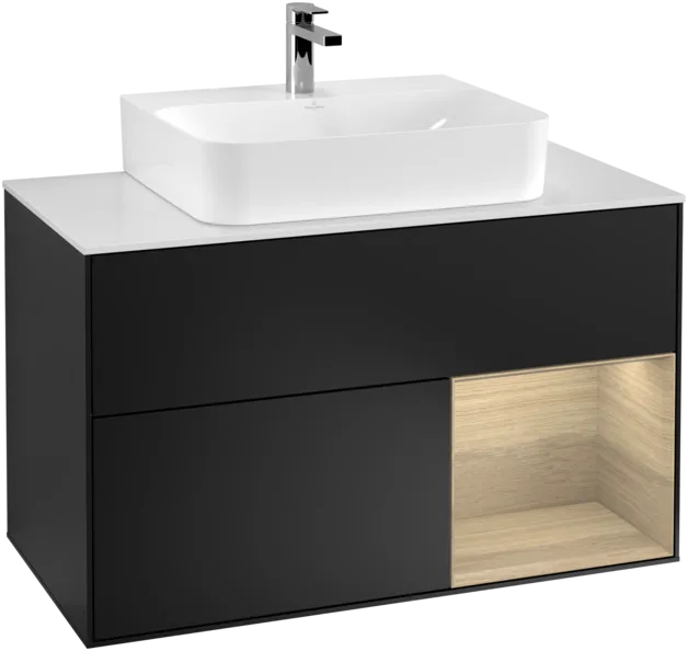 VILLEROY BOCH Toaletní skříňka Finion, s osvětlením, 2 výsuvy, 1000 x 603 x 501 mm, černý matný lak / dubová dýha / sklo bílé matné #F121PCPD