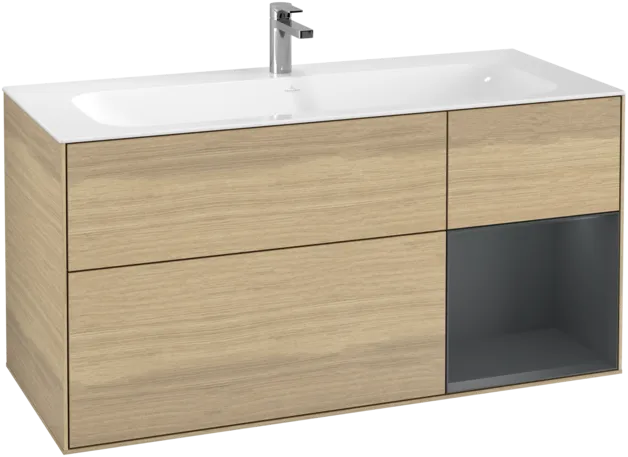 VILLEROY BOCH Toaletní skříňka Finion, s osvětlením, 3 výsuvy, 1196 x 591 x 498 mm, dubová dýha / půlnočně modrý matný lak #F070HGPC
