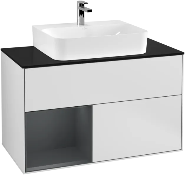 VILLEROY BOCH Toaletní skříňka Finion, s osvětlením, 2 výsuvy, 1000 x 603 x 501 mm, bílý matný lak / půlnoční modrý matný lak / černé matné sklo #F112HGMT, obrázek 1