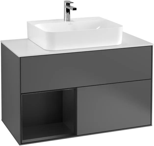 VILLEROY BOCH Toaletní skříňka Finion, s osvětlením, 2 výsuvy, 1000 x 603 x 501 mm, antracitový matný lak / černý matný lak / bílé matné sklo #F111PDGK