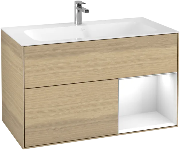 VILLEROY BOCH Toaletní skříňka Finion, s osvětlením, 2 výsuvy, 996 x 591 x 498 mm, dubová dýha / lesklý bílý lak #F040GFPC