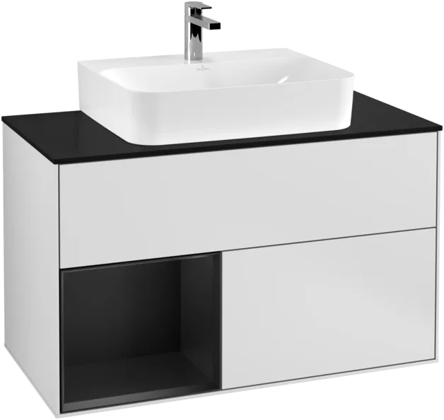 VILLEROY BOCH Toaletní skříňka Finion, s osvětlením, 2 výsuvy, 1000 x 603 x 501 mm, bílý matný lak / černý matný lak / černé matné sklo #F112PDMT