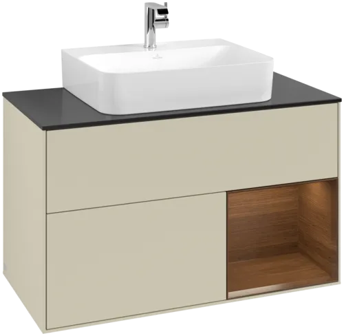 VILLEROY BOCH Toaletní skříňka Finion, s osvětlením, 2 výsuvy, 1000 x 603 x 501 mm, hedvábně šedý matný lak / ořechová dýha / černé matné sklo #F122GNHJ
