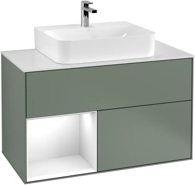 VILLEROY BOCH Toaletní skříňka Finion, s osvětlením, 2 výsuvy, 1000 x 603 x 501 mm, olivový matný lak / lesklý bílý lak / sklo bílé matné #F111GFGM