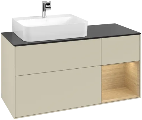 VILLEROY BOCH Toaletní skříňka Finion, s osvětlením, 3 výsuvy, 1200 x 603 x 501 mm, hedvábně šedý matný lak / dubová dýha / černé matné sklo #F152PCHJ