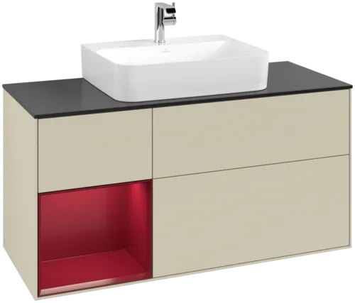 VILLEROY BOCH Toaletní skříňka Finion, s osvětlením, 3 výsuvy, 1200 x 603 x 501 mm, Silk Grey Matt Lacquer / Peony Matt Lacquer / Glass Black Matt #F162HBHJ