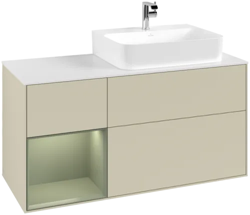 VILLEROY BOCH Toaletní skříňka Finion, s osvětlením, 3 výsuvy, 1200 x 603 x 501 mm, hedvábně šedý matný lak / olivový matný lak / bílé matné sklo #F141GMHJ