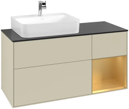 VILLEROY BOCH Toaletní skříňka Finion, s osvětlením, 3 výsuvy, 1200 x 603 x 501 mm, Silk Grey Matt Lacquer / Gold Matt Lacquer / Glass Black Matt #F152HFHJ