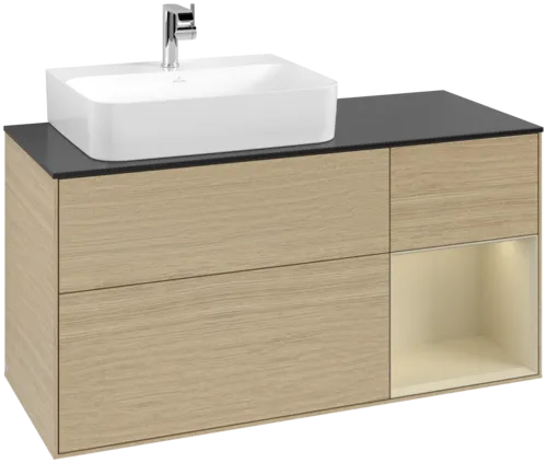 VILLEROY BOCH Toaletní skříňka Finion, s osvětlením, 3 výsuvy, 1200 x 603 x 501 mm, dubová dýha / hedvábně šedý matný lak / sklo černé matné #F152HJPC