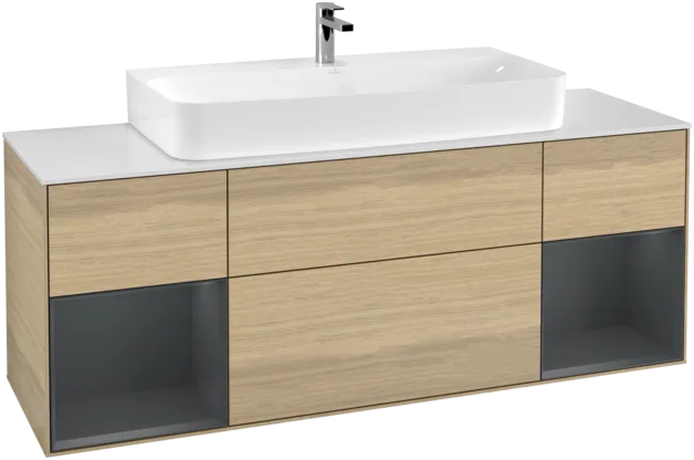 VILLEROY BOCH Toaletní skříňka Finion, s osvětlením, 4 výsuvy, 1600 x 603 x 501 mm, dubová dýha / půlnočně modrý matný lak / bílé matné sklo #F211HGPC, obrázek 1