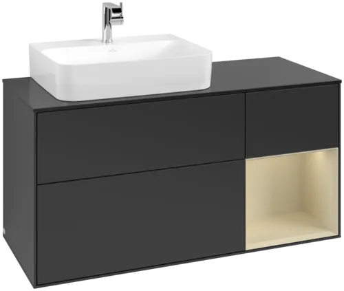 VILLEROY BOCH Toaletní skříňka Finion, s osvětlením, 3 výsuvy, 1200 x 603 x 501 mm, černý matný lak / hedvábně šedý matný lak / černé matné sklo #F152HJPD