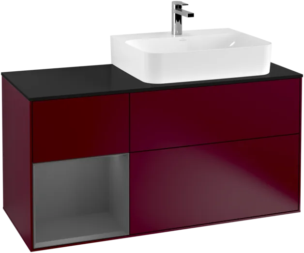 VILLEROY BOCH Toaletní skříňka Finion, s osvětlením, 3 výsuvy, 1200 x 603 x 501 mm, Pivoňka matný lak / Antracit matný lak / Sklo černé matné #F142GKHB