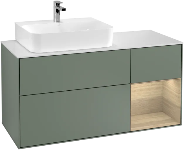 VILLEROY BOCH Toaletní skříňka Finion, s osvětlením, 3 výsuvy, 1200 x 603 x 501 mm, olivový matný lak / dubová dýha / sklo bílé matné #F151PCGM