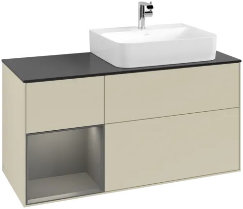 VILLEROY BOCH Toaletní skříňka Finion, s osvětlením, 3 výsuvy, 1200 x 603 x 501 mm, hedvábně šedý matný lak / antracitový matný lak / černé matné sklo #F142GKHJ