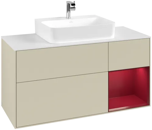 VILLEROY BOCH Toaletní skříňka Finion, s osvětlením, 3 výsuvy, 1200 x 603 x 501 mm, Silk Grey Matt Lacquer / Peony Matt Lacquer / Glass White Matt #F171HBHJ
