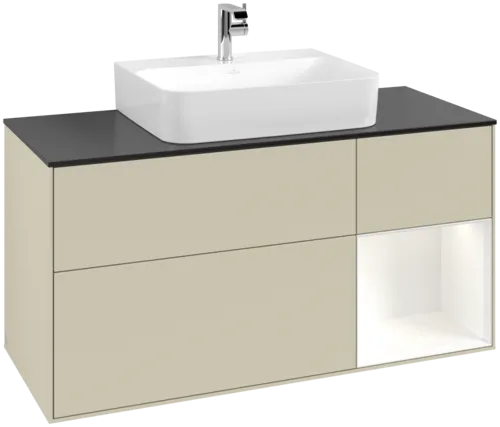 VILLEROY BOCH Toaletní skříňka Finion, s osvětlením, 3 výsuvy, 1200 x 603 x 501 mm, Silk Grey Matt Lacquer / White Matt Lacquer / Glass Black Matt #F172MTHJ