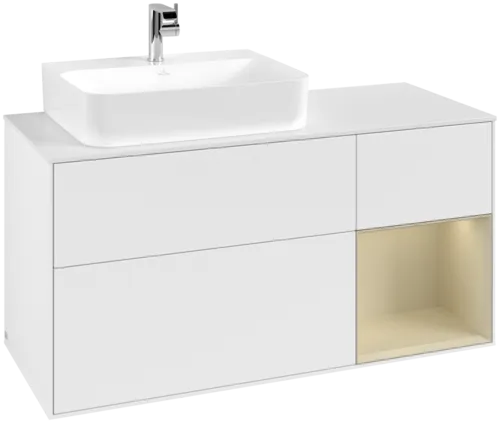VILLEROY BOCH Toaletní skříňka Finion, s osvětlením, 3 výsuvy, 1200 x 603 x 501 mm, bílý matný lak / hedvábně šedý matný lak / bílé matné sklo #F151HJMT