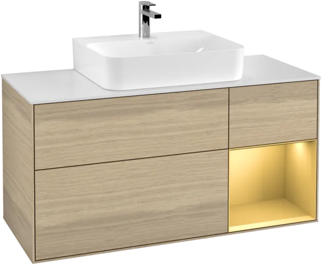 VILLEROY BOCH Toaletní skříňka Finion, s osvětlením, 3 výsuvy, 1200 x 603 x 501 mm, dubová dýha / zlatý matný lak / sklo bílé matné #F171HFPC