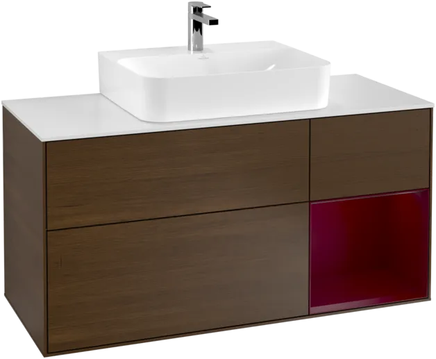 VILLEROY BOCH Toaletní skříňka Finion, s osvětlením, 3 výsuvy, 1200 x 603 x 501 mm, ořechová dýha / matný lak Pivoňka / matné bílé sklo #F171HBGN