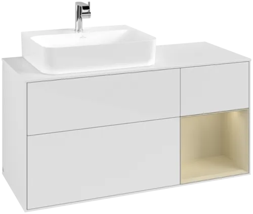 VILLEROY BOCH Toaletní skříňka Finion, s osvětlením, 3 výsuvy, 1200 x 603 x 501 mm, lesklý bílý lak / hedvábně šedý matný lak / bílé matné sklo #F151HJGF
