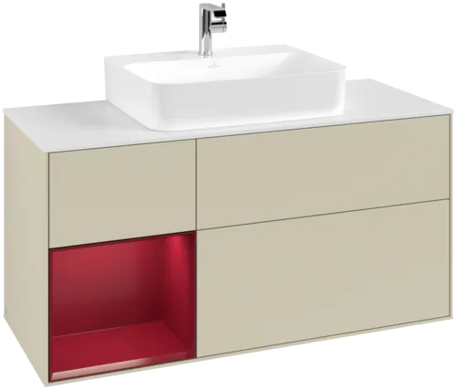 VILLEROY BOCH Toaletní skříňka Finion, s osvětlením, 3 výsuvy, 1200 x 603 x 501 mm, Silk Grey Matt Lacquer / Peony Matt Lacquer / Glass White Matt #F161HBHJ