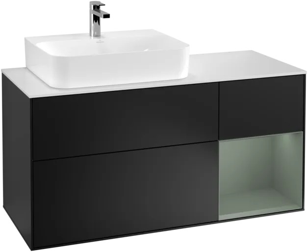VILLEROY BOCH Toaletní skříňka Finion, s osvětlením, 3 výsuvy, 1200 x 603 x 501 mm, černý matný lak / olivový matný lak / bílé matné sklo #F151GMPD