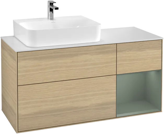 VILLEROY BOCH Toaletní skříňka Finion, s osvětlením, 3 výsuvy, 1200 x 603 x 501 mm, dubová dýha / olivový matný lak / sklo bílé matné #F151GMPC
