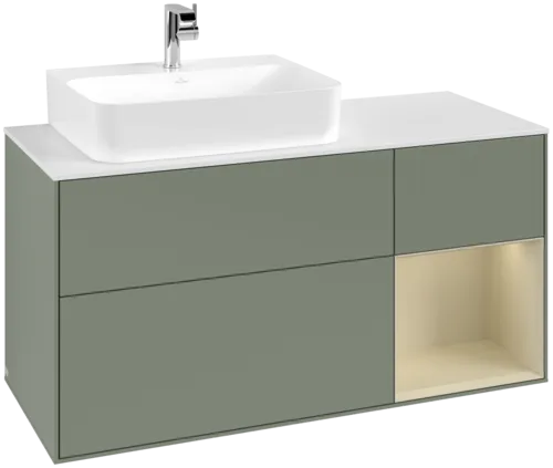 VILLEROY BOCH Toaletní skříňka Finion, s osvětlením, 3 výsuvy, 1200 x 603 x 501 mm, olivový matný lak / hedvábně šedý matný lak / bílé matné sklo #F151HJGM