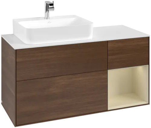 VILLEROY BOCH Toaletní skříňka Finion, s osvětlením, 3 výsuvy, 1200 x 603 x 501 mm, ořechová dýha / hedvábně šedý matný lak / sklo bílé matné #F151HJGN