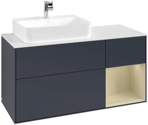 VILLEROY BOCH Toaletní skříňka Finion, s osvětlením, 3 výsuvy, 1200 x 603 x 501 mm, Midnight Blue Matt Lacquer / Silk Grey Matt Lacquer / Glass White Matt #F151HJHG
