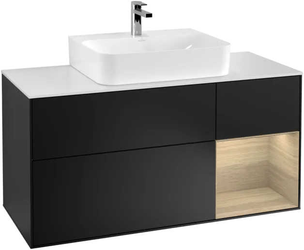 VILLEROY BOCH Toaletní skříňka Finion, s osvětlením, 3 výsuvy, 1200 x 603 x 501 mm, černý matný lak / dubová dýha / sklo bílé matné #F171PCPD