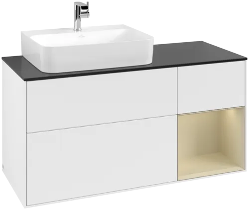 VILLEROY BOCH Toaletní skříňka Finion, s osvětlením, 3 výsuvy, 1200 x 603 x 501 mm, bílý matný lak / hedvábně šedý matný lak / černé matné sklo #F152HJMT