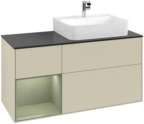 VILLEROY BOCH Toaletní skříňka Finion, s osvětlením, 3 výsuvy, 1200 x 603 x 501 mm, hedvábně šedý matný lak / olivový matný lak / černé matné sklo #F142GMHJ