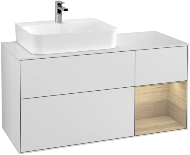 VILLEROY BOCH Toaletní skříňka Finion, s osvětlením, 3 výsuvy, 1200 x 603 x 501 mm, bílý matný lak / dubová dýha / sklo bílé matné #F151PCMT