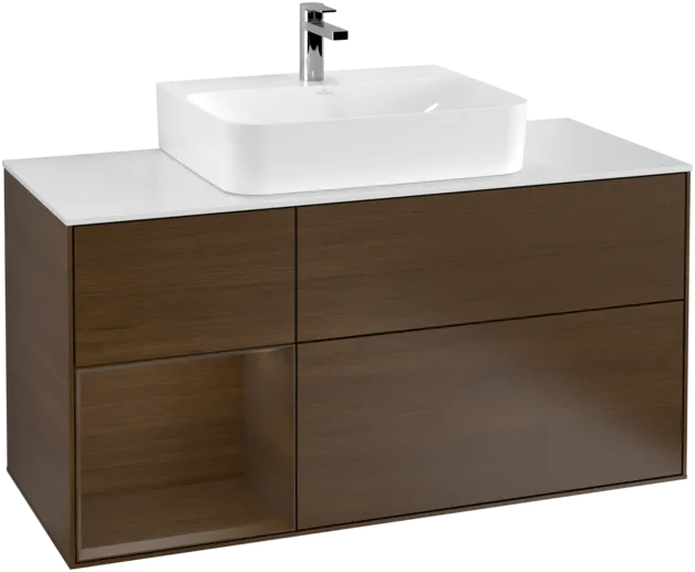 VILLEROY BOCH Toaletní skříňka Finion, s osvětlením, 3 výsuvy, 1200 x 603 x 501 mm, ořechová dýha / ořechová dýha / sklo bílé matné #F161GNGN