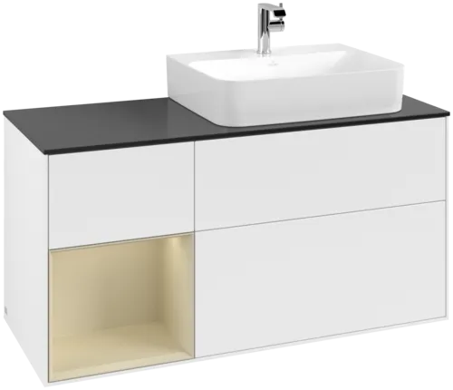 VILLEROY BOCH Toaletní skříňka Finion, s osvětlením, 3 výsuvy, 1200 x 603 x 501 mm, bílý matný lak / hedvábně šedý matný lak / černé matné sklo #F142HJMT