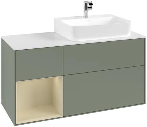 VILLEROY BOCH Toaletní skříňka Finion, s osvětlením, 3 výsuvy, 1200 x 603 x 501 mm, olivový matný lak / hedvábně šedý matný lak / bílé matné sklo #F141HJGM