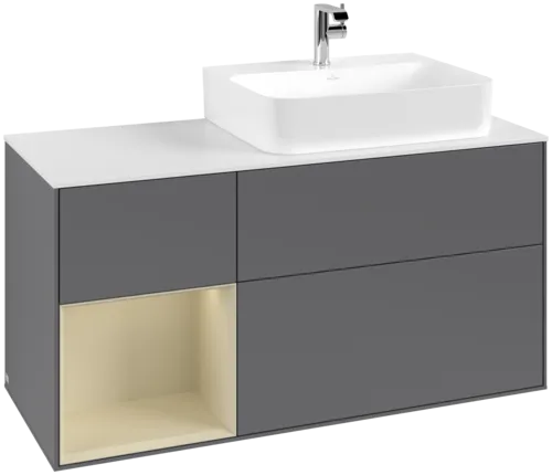 VILLEROY BOCH Toaletní skříňka Finion, s osvětlením, 3 výsuvy, 1200 x 603 x 501 mm, antracitový matný lak / hedvábně šedý matný lak / bílé matné sklo #F141HJGK