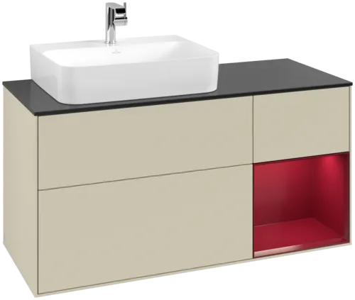 VILLEROY BOCH Toaletní skříňka Finion, s osvětlením, 3 výsuvy, 1200 x 603 x 501 mm, Silk Grey Matt Lacquer / Peony Matt Lacquer / Glass Black Matt #F152HBHJ