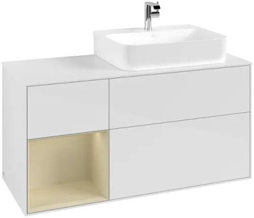 VILLEROY BOCH Toaletní skříňka Finion, s osvětlením, 3 výsuvy, 1200 x 603 x 501 mm, lesklý bílý lak / hedvábně šedý matný lak / bílé matné sklo #F141HJGF