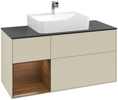 VILLEROY BOCH Toaletní skříňka Finion, s osvětlením, 3 výsuvy, 1200 x 603 x 501 mm, hedvábně šedý matný lak / ořechová dýha / černé matné sklo #F162GNHJ