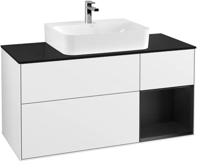 VILLEROY BOCH Toaletní skříňka Finion, s osvětlením, 3 výsuvy, 1200 x 603 x 501 mm, lesklý bílý lak / černý matný lak / černé matné sklo #F172PDGF