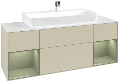 VILLEROY BOCH Toaletní skříňka Finion, s osvětlením, 4 výsuvy, 1600 x 603 x 501 mm, hedvábně šedý matný lak / olivový matný lak / bílé matné sklo #F211GMHJ