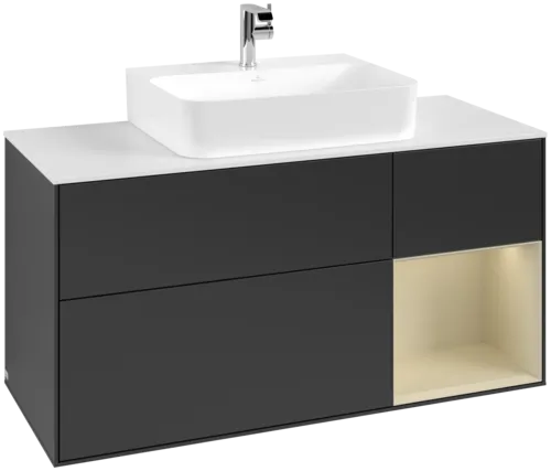 VILLEROY BOCH Toaletní skříňka Finion, s osvětlením, 3 výsuvy, 1200 x 603 x 501 mm, černý matný lak / hedvábně šedý matný lak / bílé matné sklo #F171HJPD