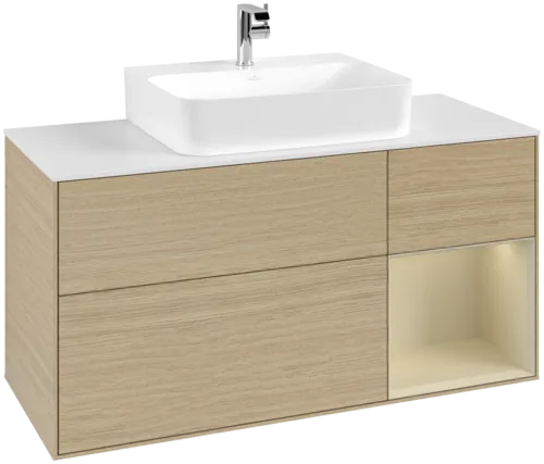 VILLEROY BOCH Toaletní skříňka Finion, s osvětlením, 3 výsuvy, 1200 x 603 x 501 mm, dubová dýha / hedvábně šedý matný lak / sklo bílé matné #F171HJPC
