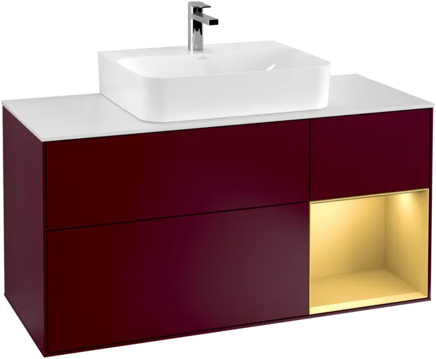 VILLEROY BOCH Toaletní skříňka Finion, s osvětlením, 3 výsuvy, 1200 x 603 x 501 mm, Peony Matt Lacquer / Gold Matt Lacquer / Glass White Matt #F171HFHB